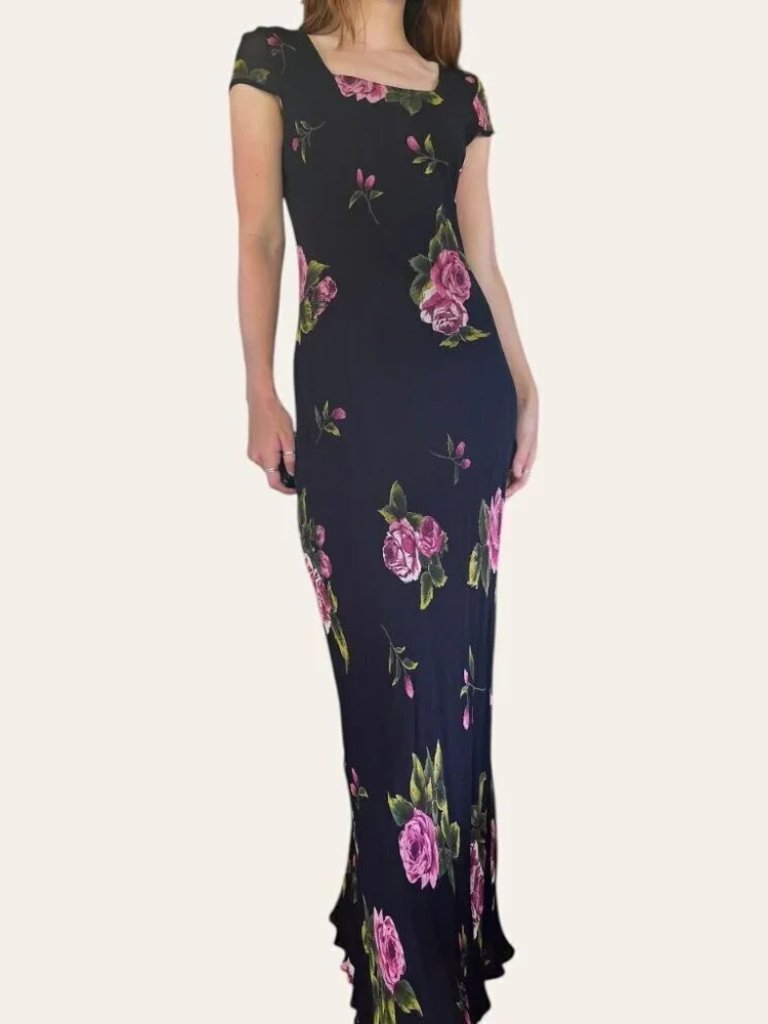 90s Vintage Floral Chiffon Square Neck Cap Sleeve Maxi Dress Black And Pink Xs/S